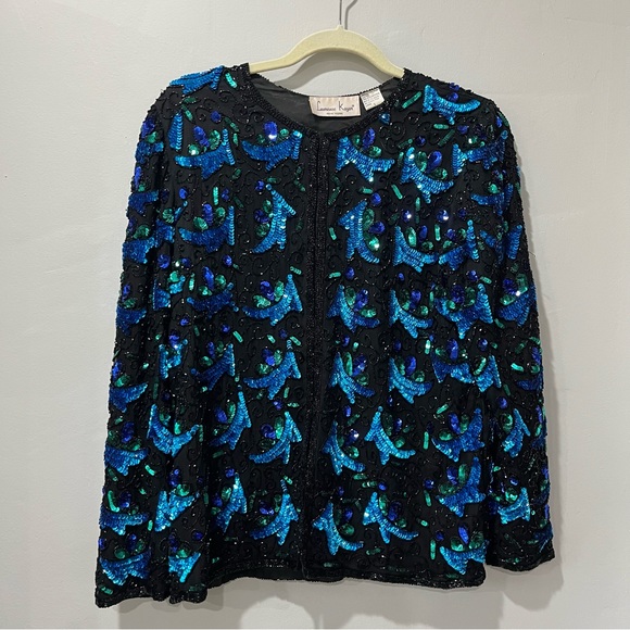 VTG Laurence Kazar SEQUIN Beaded EVENING SILK JACKET Women's S Blue Black.